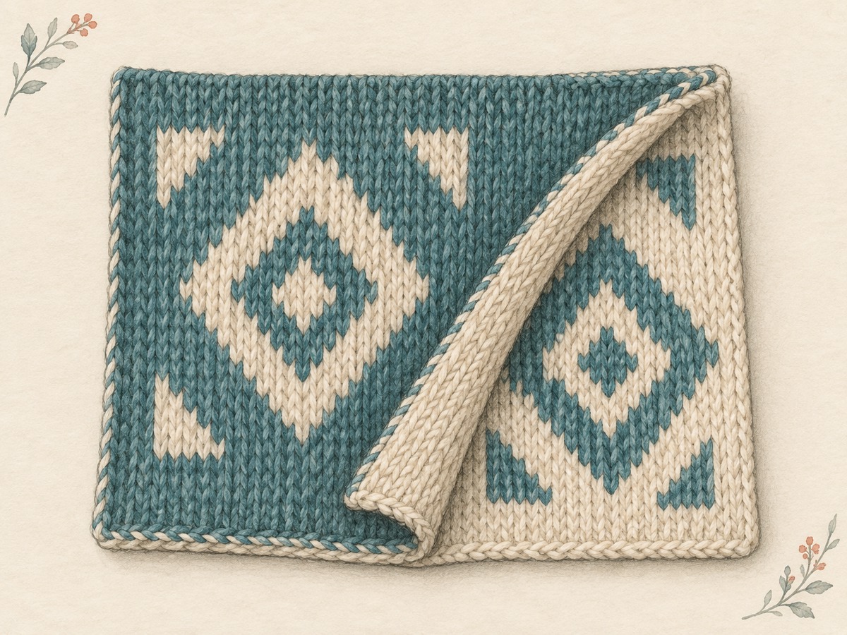 Illustration: A double-knitted two-layer panel folded back to reveal reversed cream-and-teal geometric colors on its opposite face.