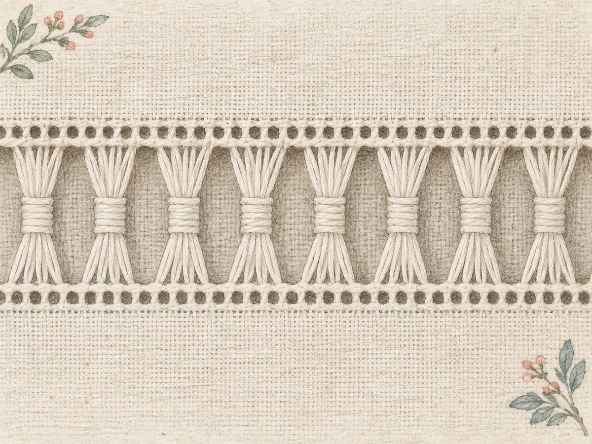 Illustration: Close view of a drawn-thread hemstitch band showing straight intact fabric edges and evenly wrapped groups of remaining threads.