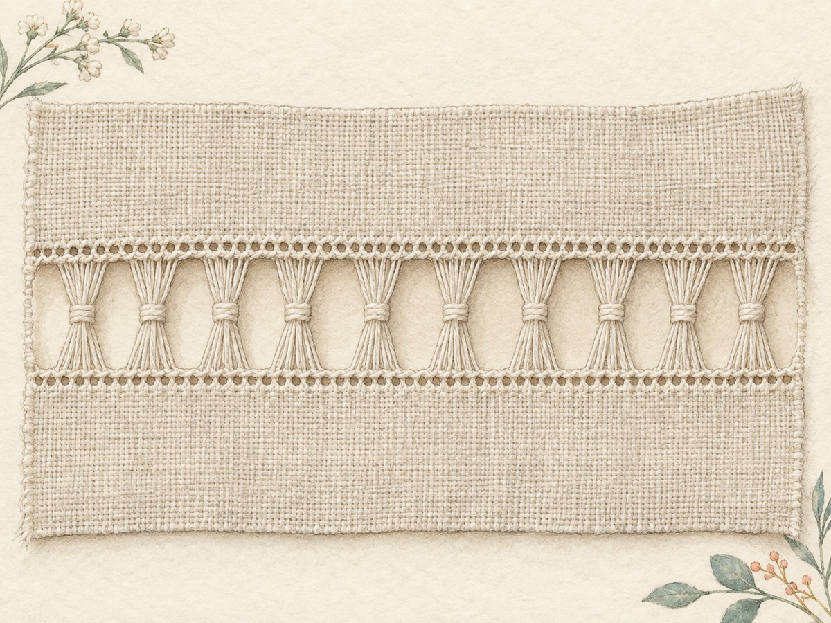 Illustration: A linen border with a narrow band of withdrawn threads, the remaining threads gathered into regular small bundles.