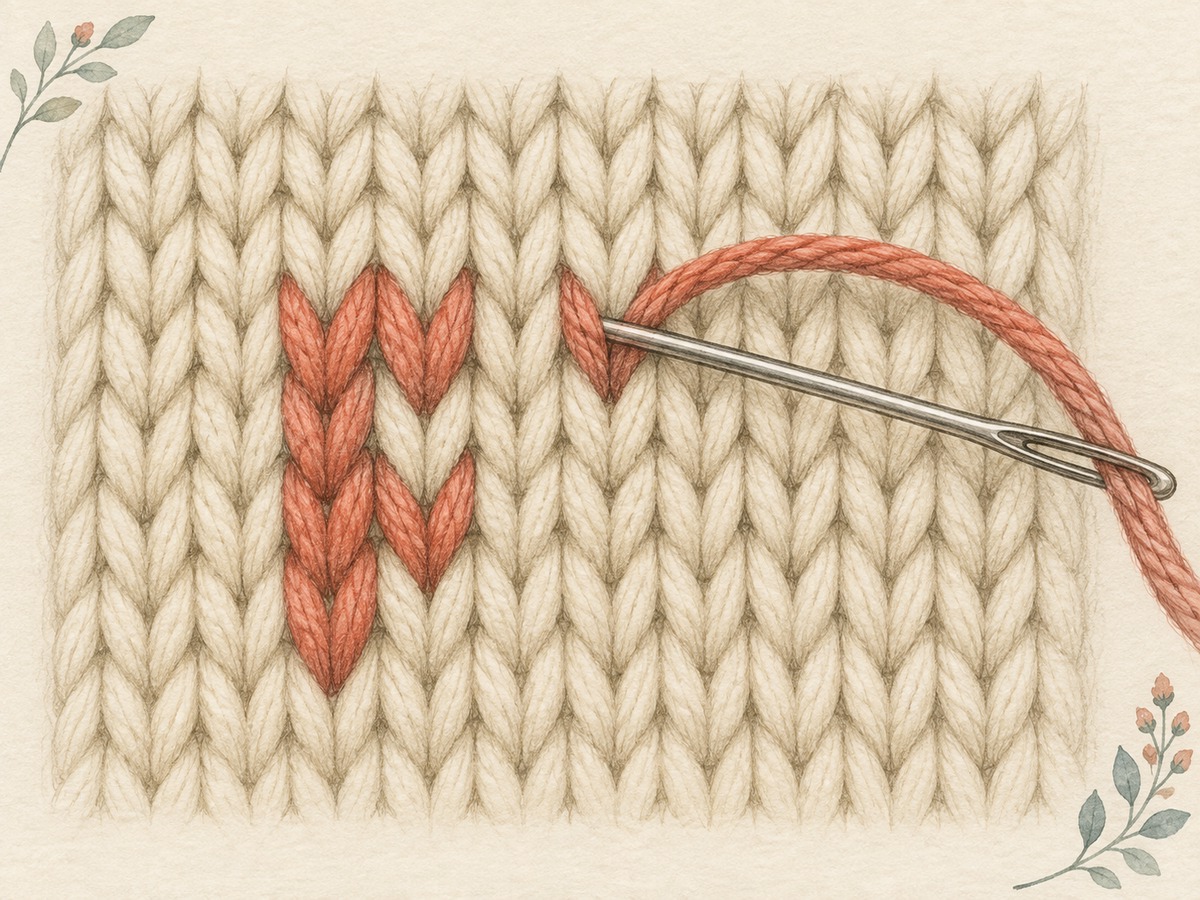 Illustration: Close view of a contrasting yarn tracing the two legs of an existing knitted V, with a few completed duplicate stitches beside it.