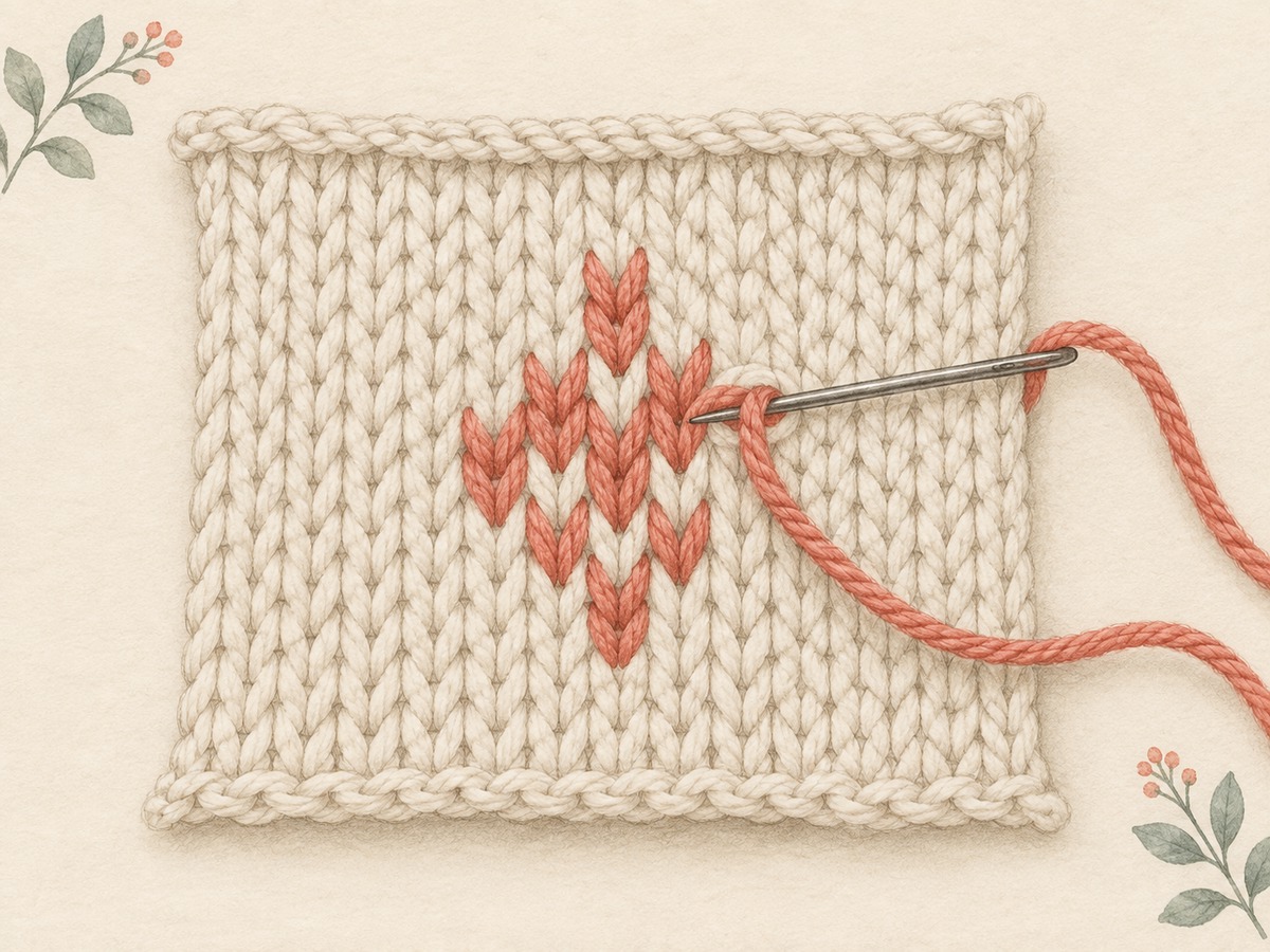 Illustration: A small coral geometric motif added over cream stockinette using a blunt needle that follows existing V-shaped stitches.