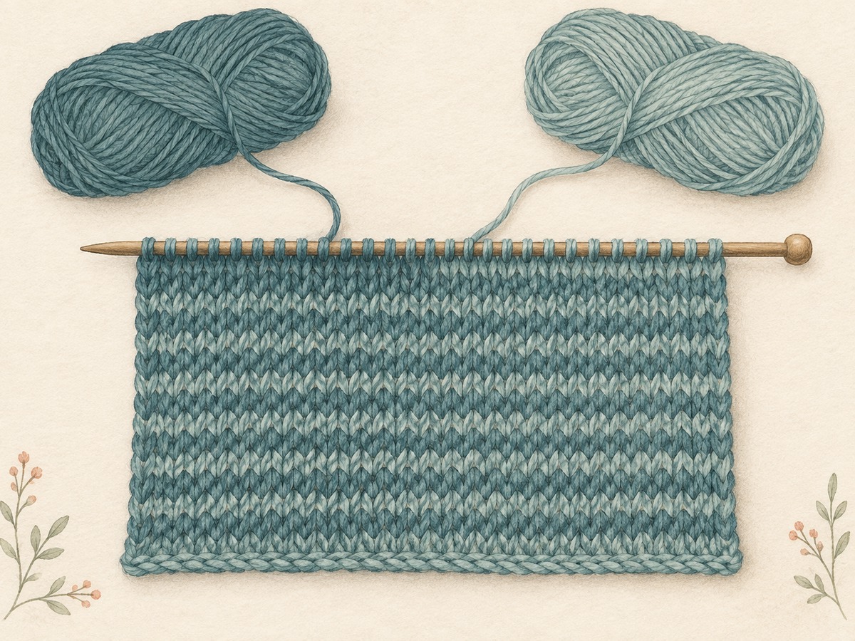 Illustration: A knitted panel with a gentle alternating-row transition between two close teal dye lots; its two working strands lead to separate skeins.