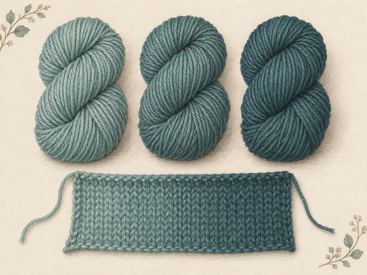 Illustration: Three skeins of nearly matching muted teal yarn with subtly different tones and a swatch transitioning gradually between two of the tones.