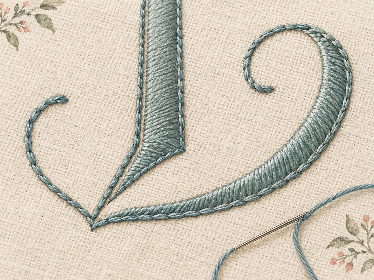 Illustration: Close view of satin and stem stitched decorative curves on linen, with a sharp inner corner and a gentle outer curve handled cleanly.