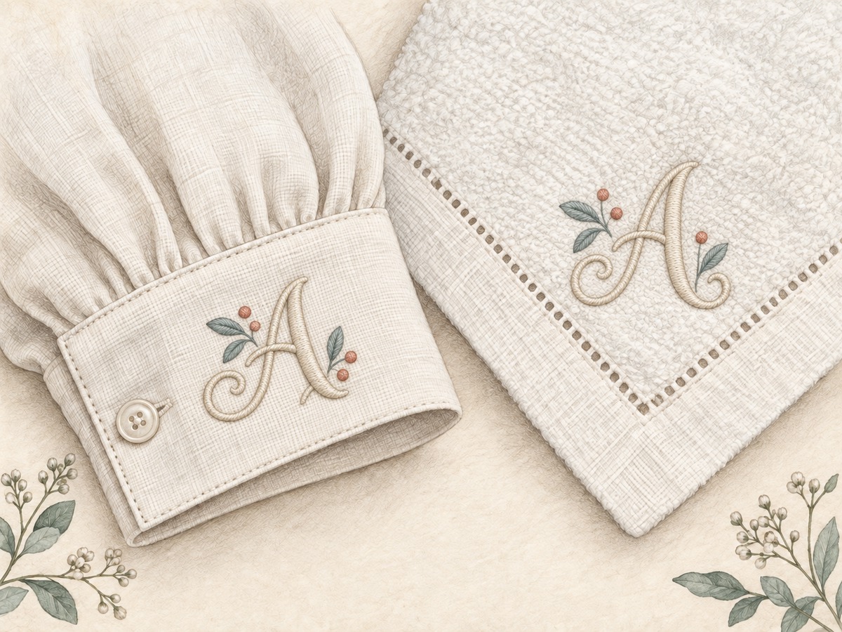 Illustration: A garment cuff and a towel corner each with a satin-stitched letter A monogram, curved flourishes and neat placement.