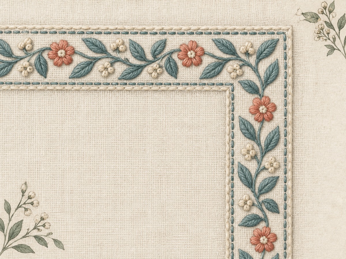 Illustration: Close view of two embroidery border repeats meeting at a deliberately designed right-angle corner without compressed or stretched motifs.