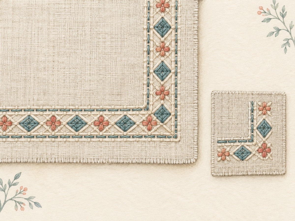 Illustration: A stitched geometric border turning neatly around a square linen corner, with a small separate corner practice sample.