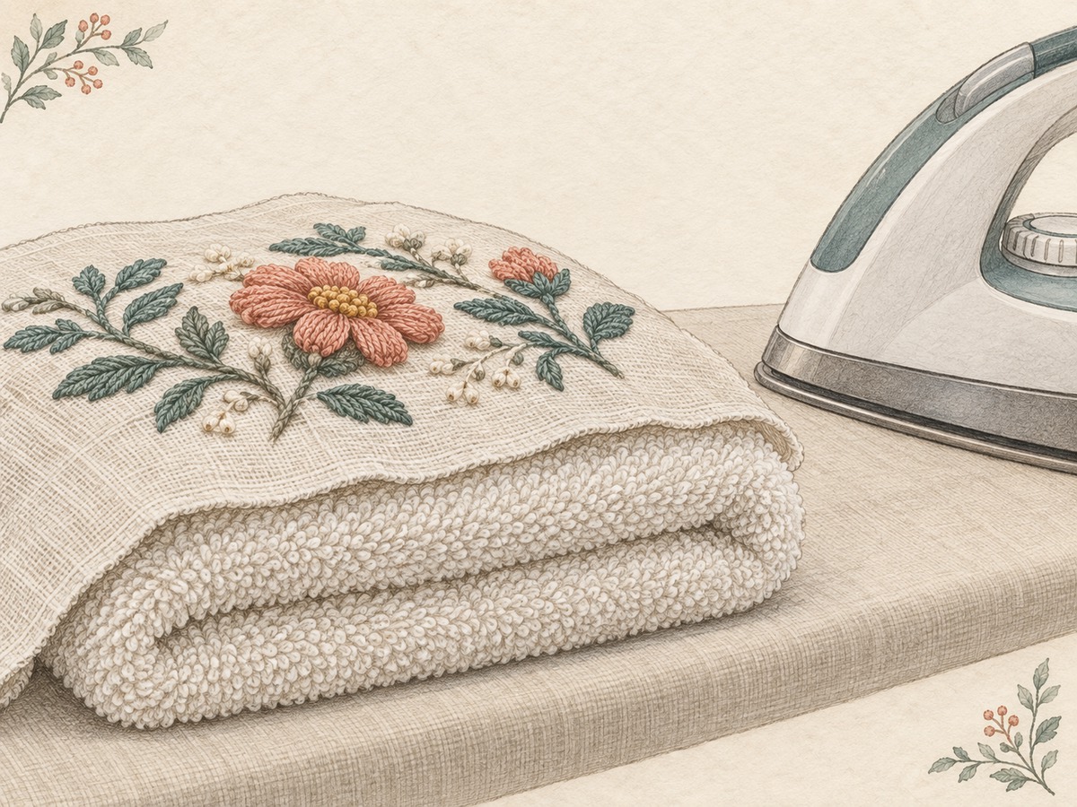Illustration: Side view of raised embroidery protected by a thick towel beneath it, with an iron resting nearby rather than crushing the stitches.