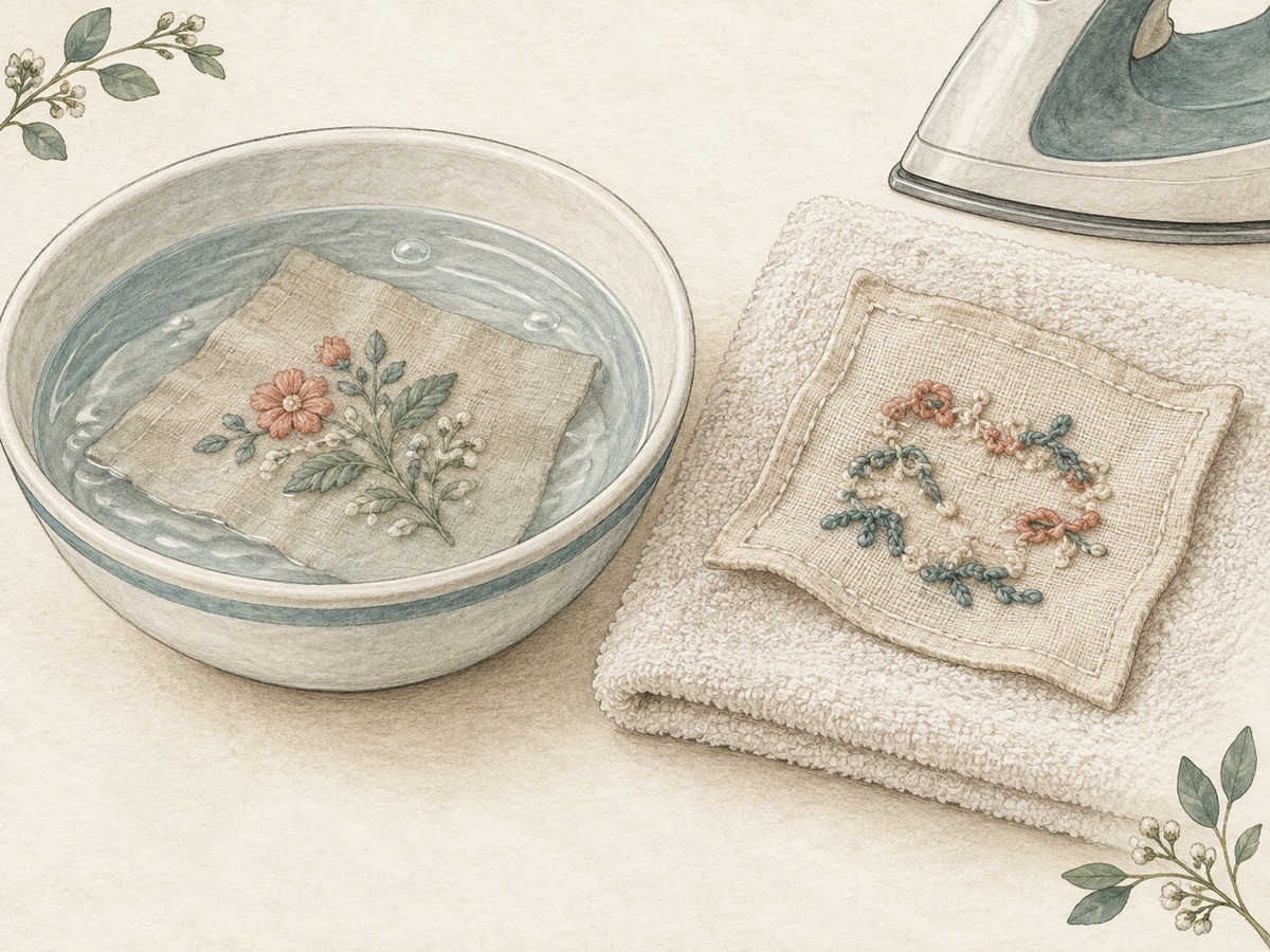 Illustration: An embroidered linen sample tested gently in a shallow basin beside a raised embroidery piece resting face down on a soft towel for pressing.