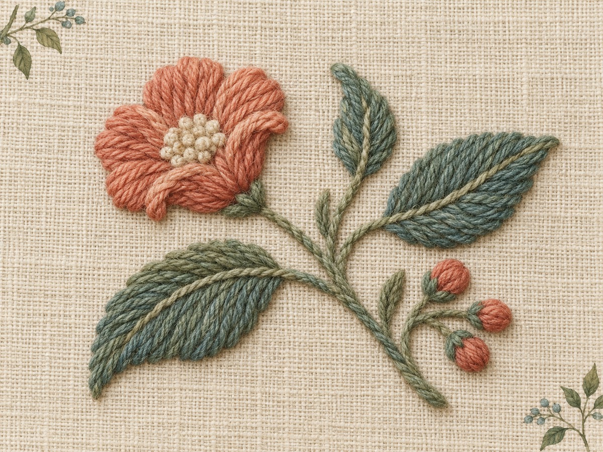 Illustration: Close view of plain linen supporting a raised wool botanical stitch sample, with clearly visible warp and weft and no distorted grain.