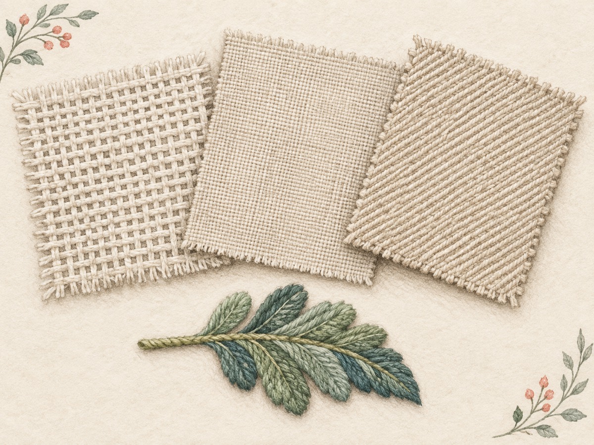 Illustration: Three embroidery ground samples: open evenweave, smooth tightly woven linen and sturdy twill, beside a small wool crewel leaf.