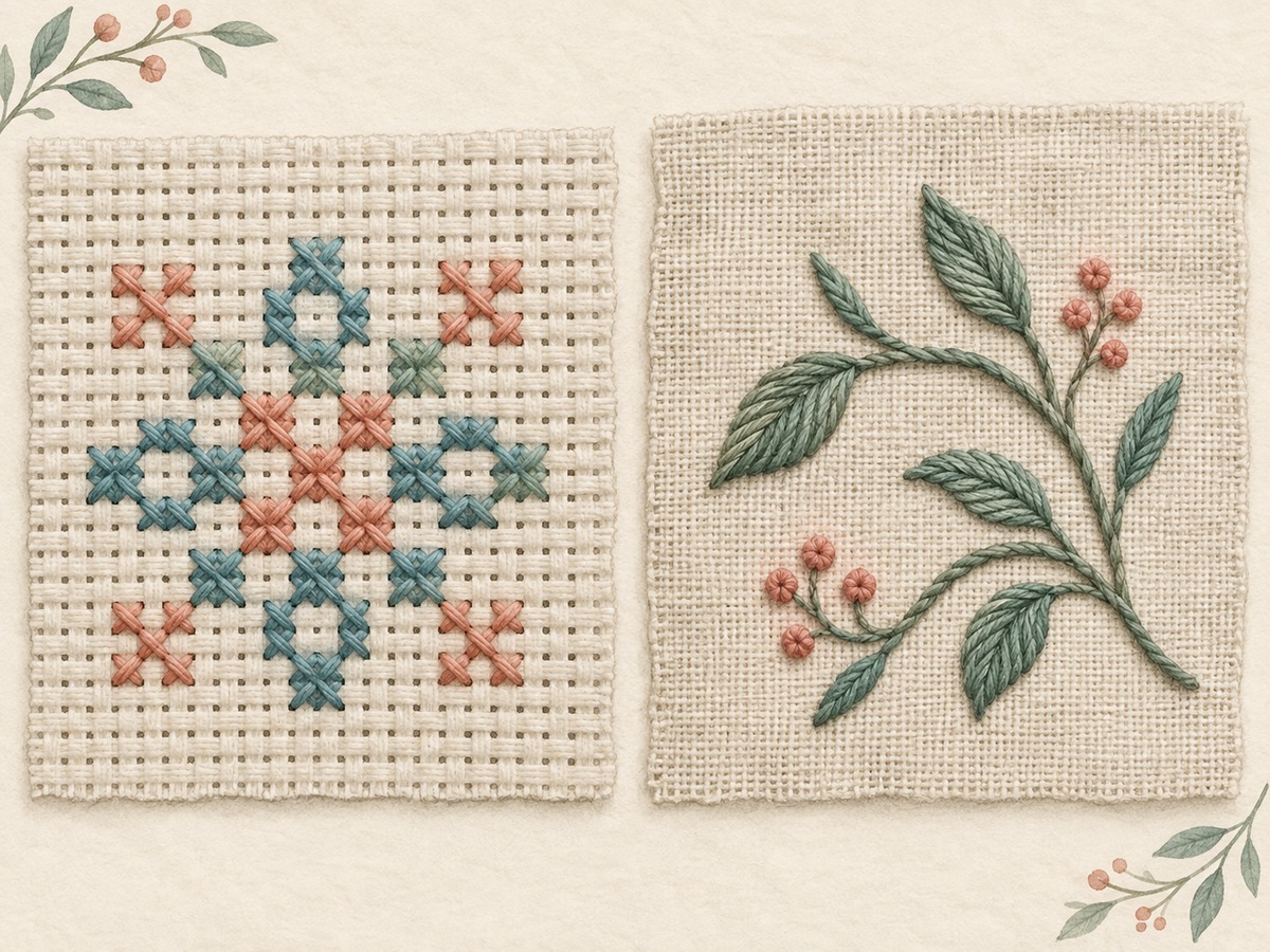 Illustration: Close comparison of evenly spaced cross stitches aligned to fabric holes and freely placed curved stem and leaf stitches on uncounted fabric.