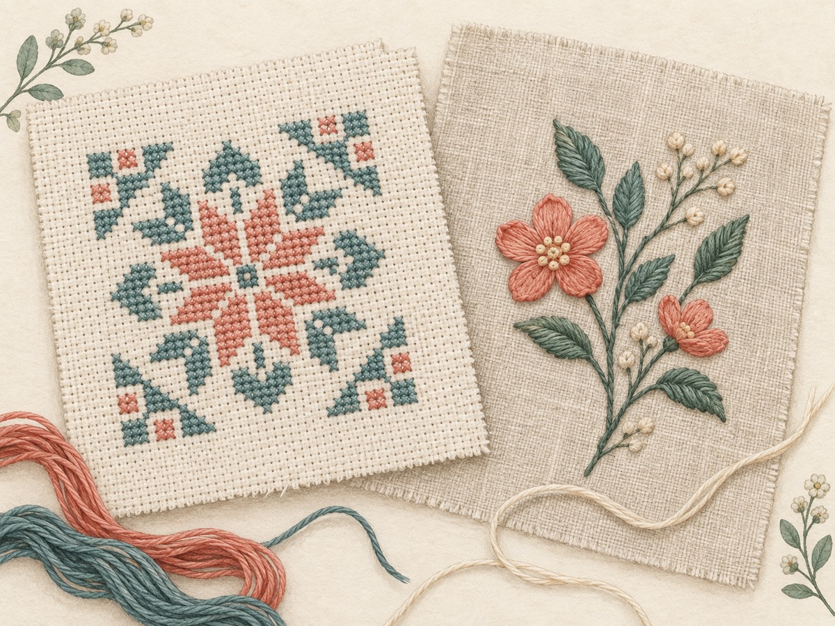 Illustration: A counted cross-stitch geometric motif on evenweave beside a free surface-embroidered botanical motif on plain linen.