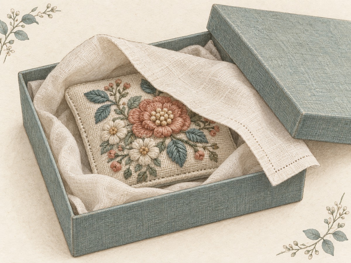Illustration: A small raised embroidery carefully supported in a shallow storage box with a soft cloth cover that does not press on the stitched surface.
