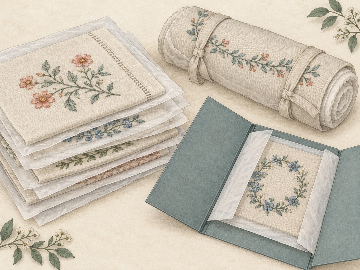 Illustration: Embroidered linens stored flat with tissue between layers, a padded roll for a larger piece and a rigid folder protecting a small project.