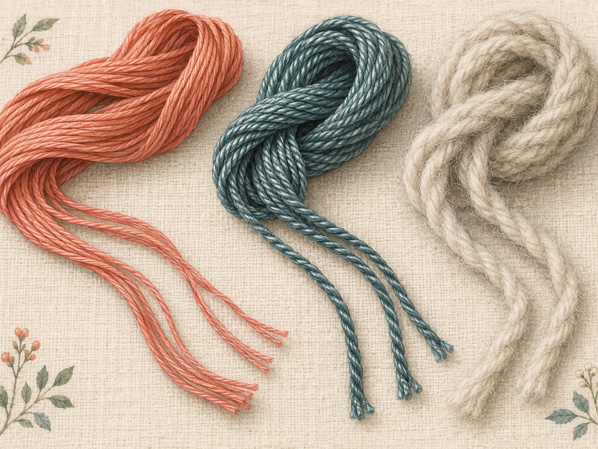 Illustration: Close comparison of smooth divisible floss, round firmly twisted perle and softly hairy wool laid across neutral linen.
