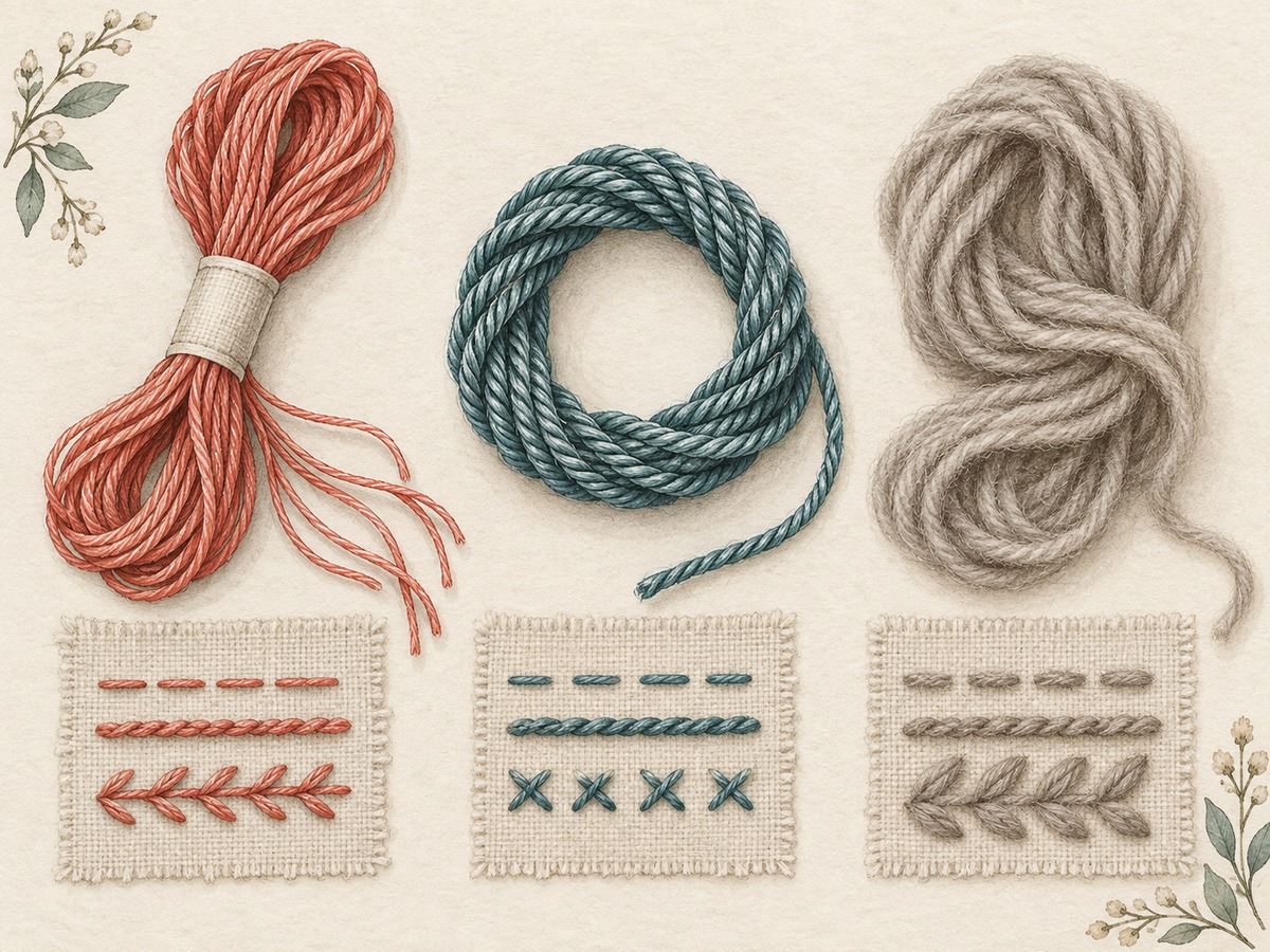 Illustration: Stranded floss, twisted perle cotton and soft crewel wool arranged in separate loops beside small matching stitch samples.