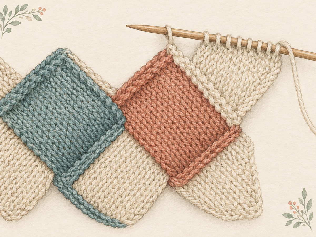 Illustration: A close view of two interlocking entrelac units and an unfinished neighboring unit on a needle, showing how the small panels meet.