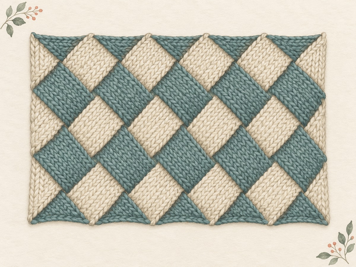 Illustration: An entrelac knitted panel made of interlocking slanted cream and muted teal rectangles, with triangular edge units.