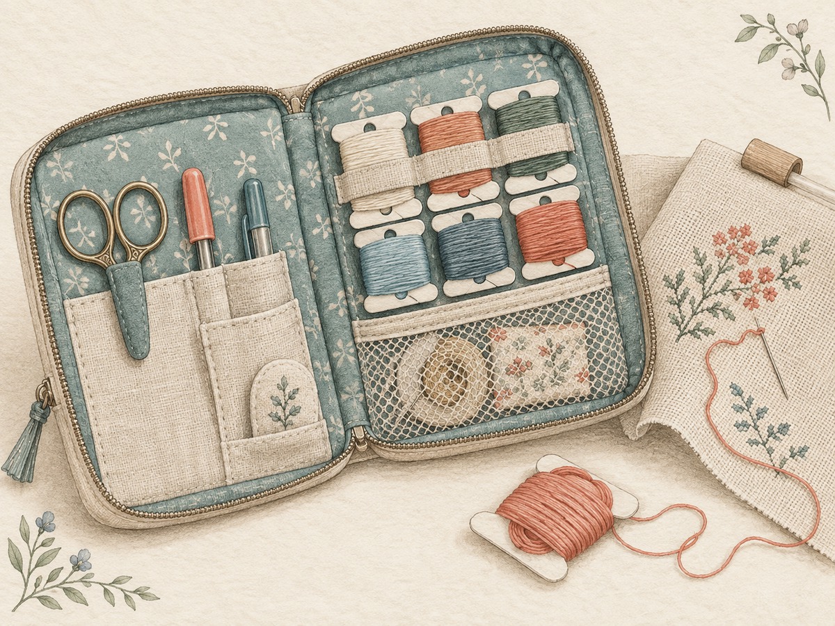 Illustration: A portable project pouch opened beside a small work in progress, with sharp tools safely capped and thread secured on cards.