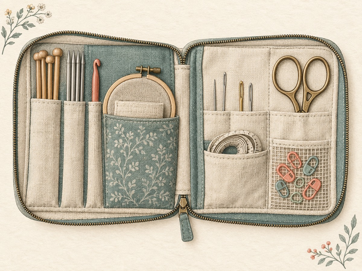 Illustration: An open compact canvas project pouch containing knitting needles, crochet hook, embroidery hoop, blunt and sharp needles, scissors, tape and stitch markers arranged in individual pockets.