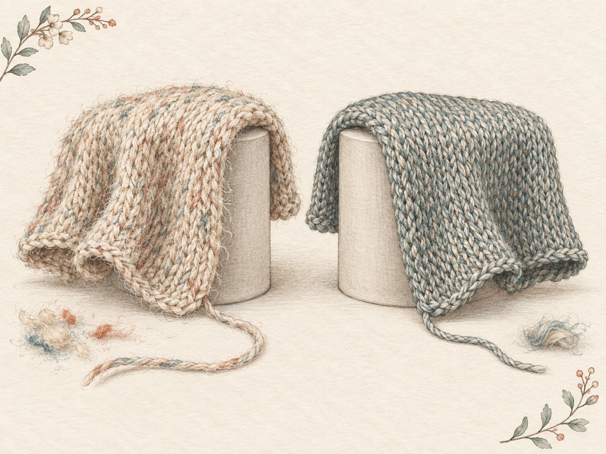 Illustration: Two same-size swatches of different blended yarns folded over identical smooth supports to compare drape; loose fiber tufts and yarn ends remain visible.