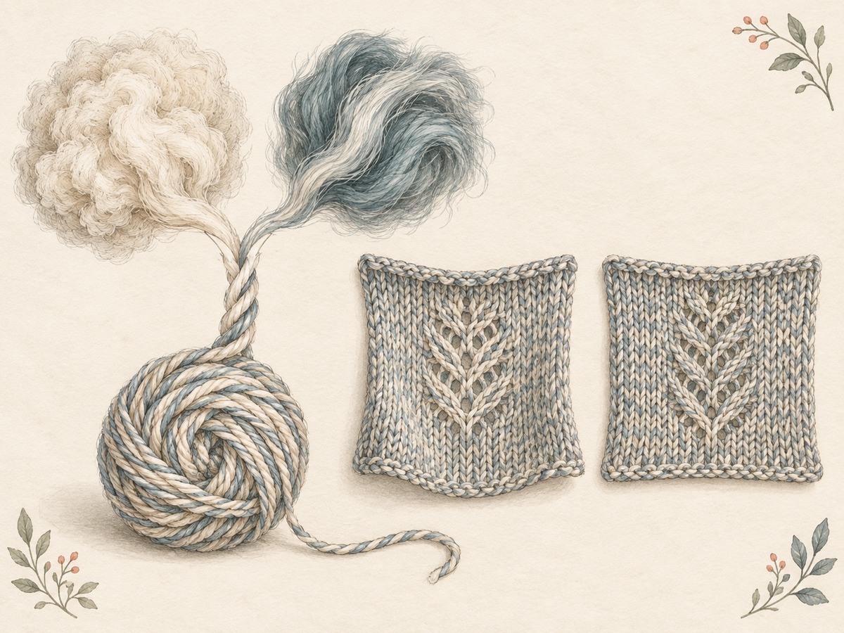 Illustration: Two differently textured fiber tufts feeding into one blended yarn, beside two finished samples arranged for comparison of drape and recovery.