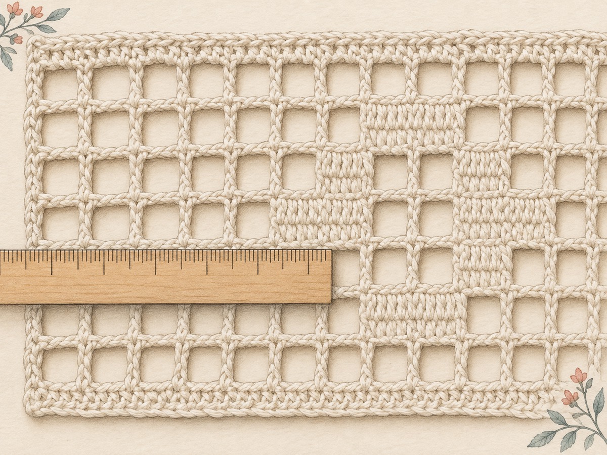 Illustration: Close view of open and filled filet cells of equal pitch, with a ruler across several relaxed mesh cells.