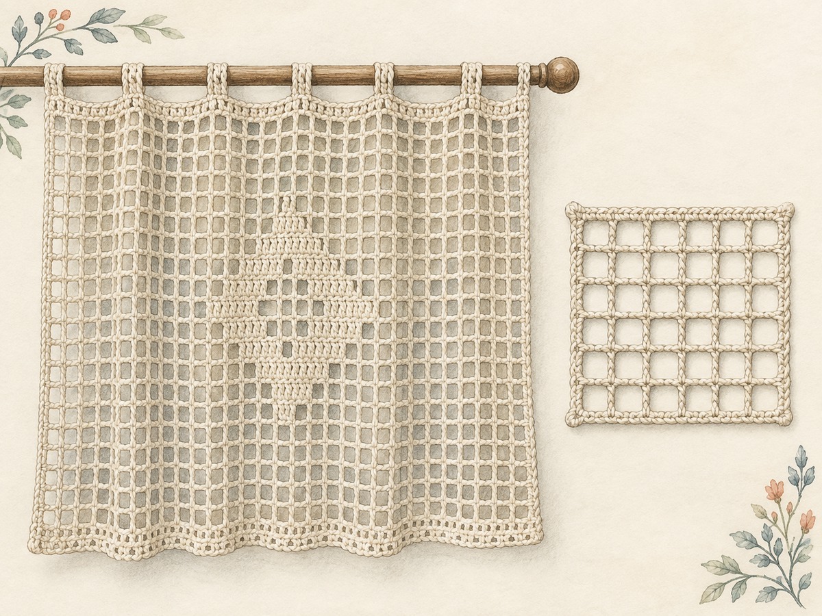 Illustration: An airy filet crochet panel made from regular square mesh with a small filled diamond motif, hanging lightly beside a measured mesh sample.