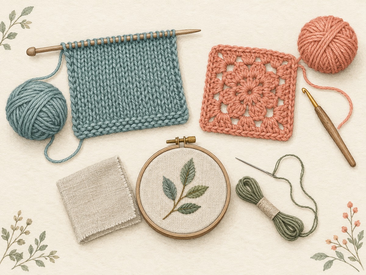 Illustration: A small completed plain knitted cloth, a simple crocheted square and a tiny embroidered leaf sampler, each with its modest matching material and tool.