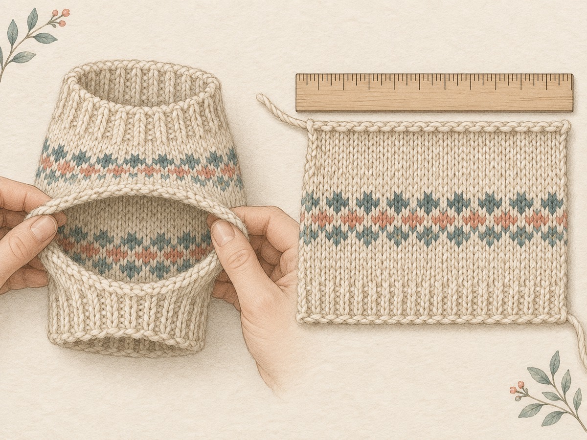 Illustration: A tubular knitting sample gently opened beside a flat sample under a ruler, emphasizing separate measurement of equivalent fabric areas.