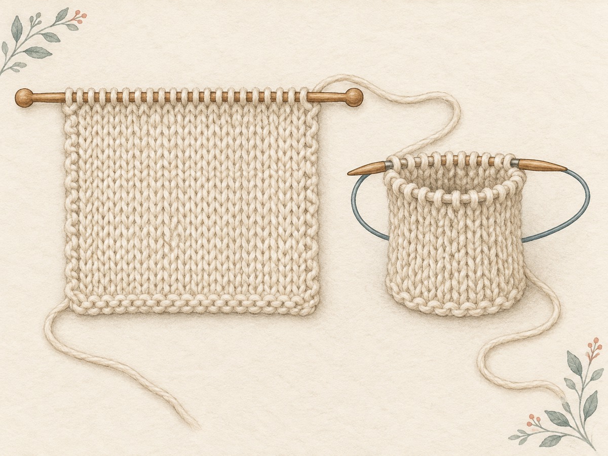 Illustration: A flat knitted swatch beside a small tubular swatch made from the same cream yarn, with their different working directions suggested by yarn placement.