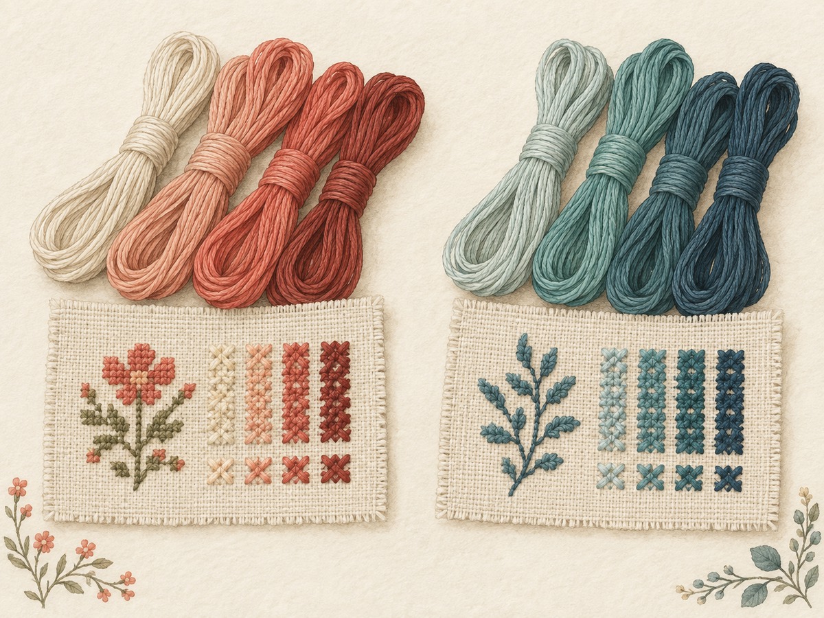 Illustration: Two independently organized color groups of embroidery thread with their own stitched test samples and skeins.