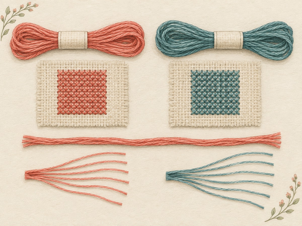 Illustration: Separate coral and teal floss skeins beside matching stitched sample blocks, a measured cut length and individual separated strands.