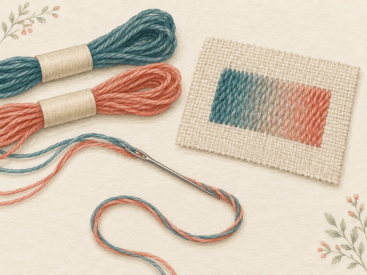 Illustration: Two different muted floss colors combined into one needle as a blended working thread, beside a small stitched gradient sample.