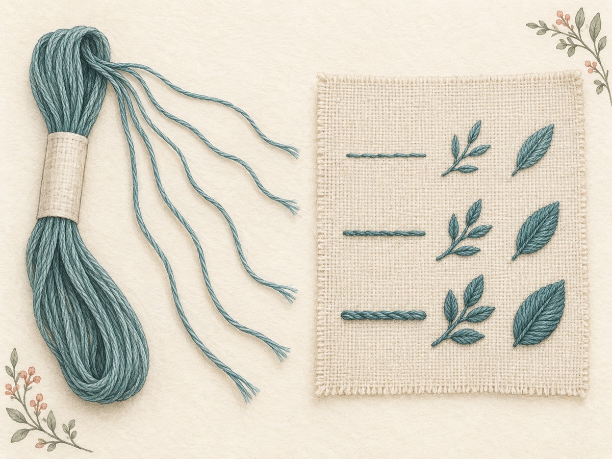 Illustration: A length of divisible floss separated into individual strands beside stitch samples worked with thin, medium and fuller coverage.
