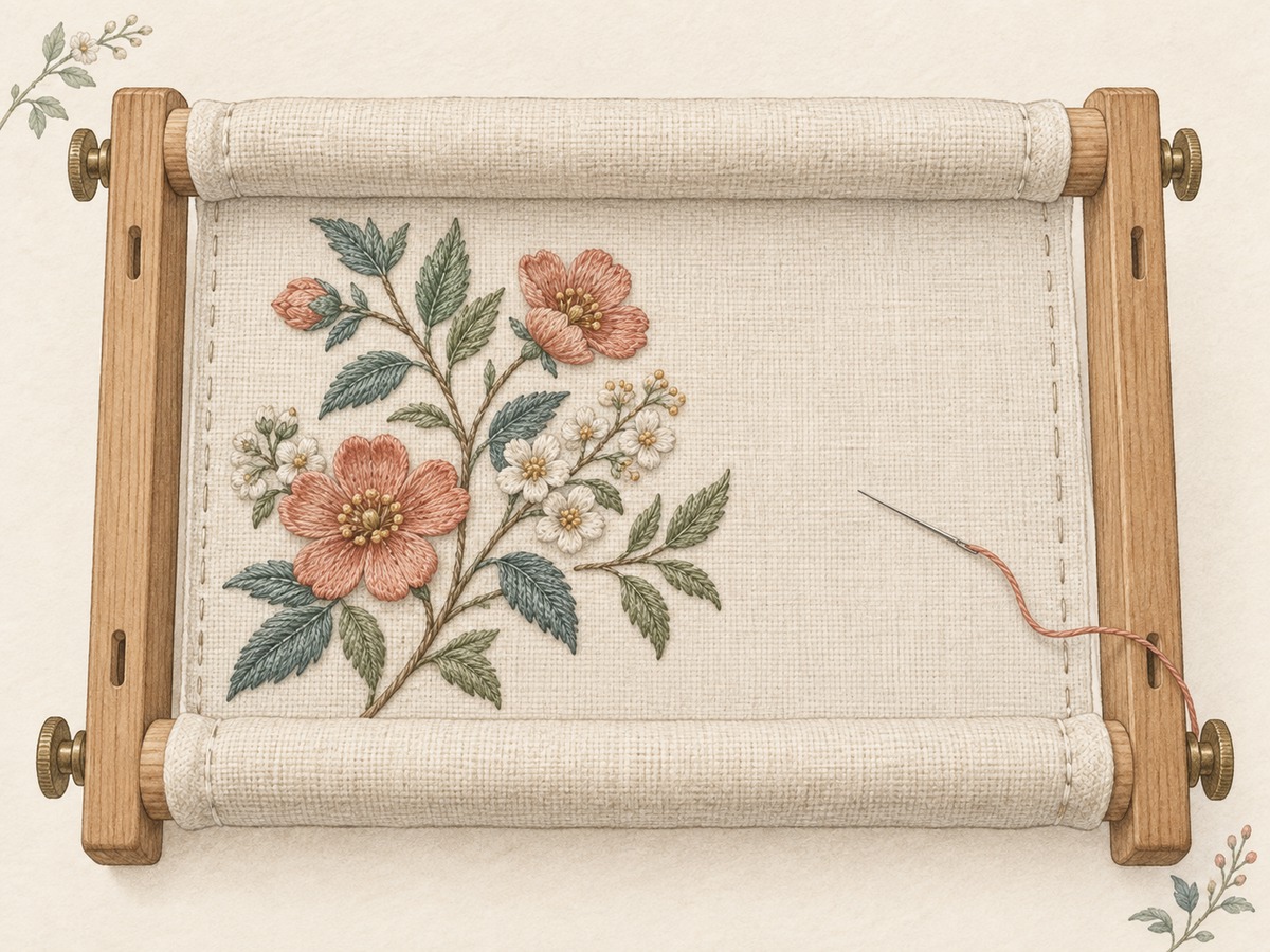 Illustration: Close view of embroidery fabric mounted squarely in a frame, with completed stitching rolled outward safely and an unstitched section available for work.
