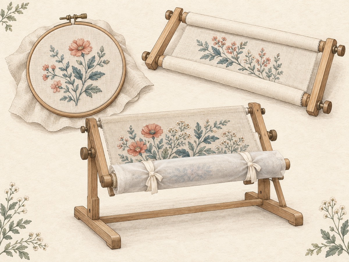 Illustration: An embroidery hoop, a rectangular scroll frame and a supported frame stand holding straight-grain fabric, with rolled completed work protected.
