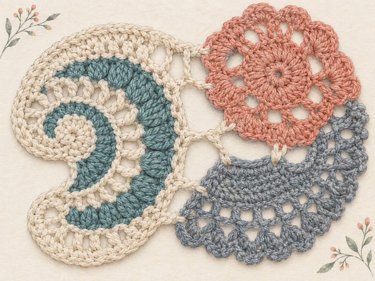 Illustration: Close view of curved crochet fragments joined with small bridging stitches, keeping the different textures and organic outlines visible.