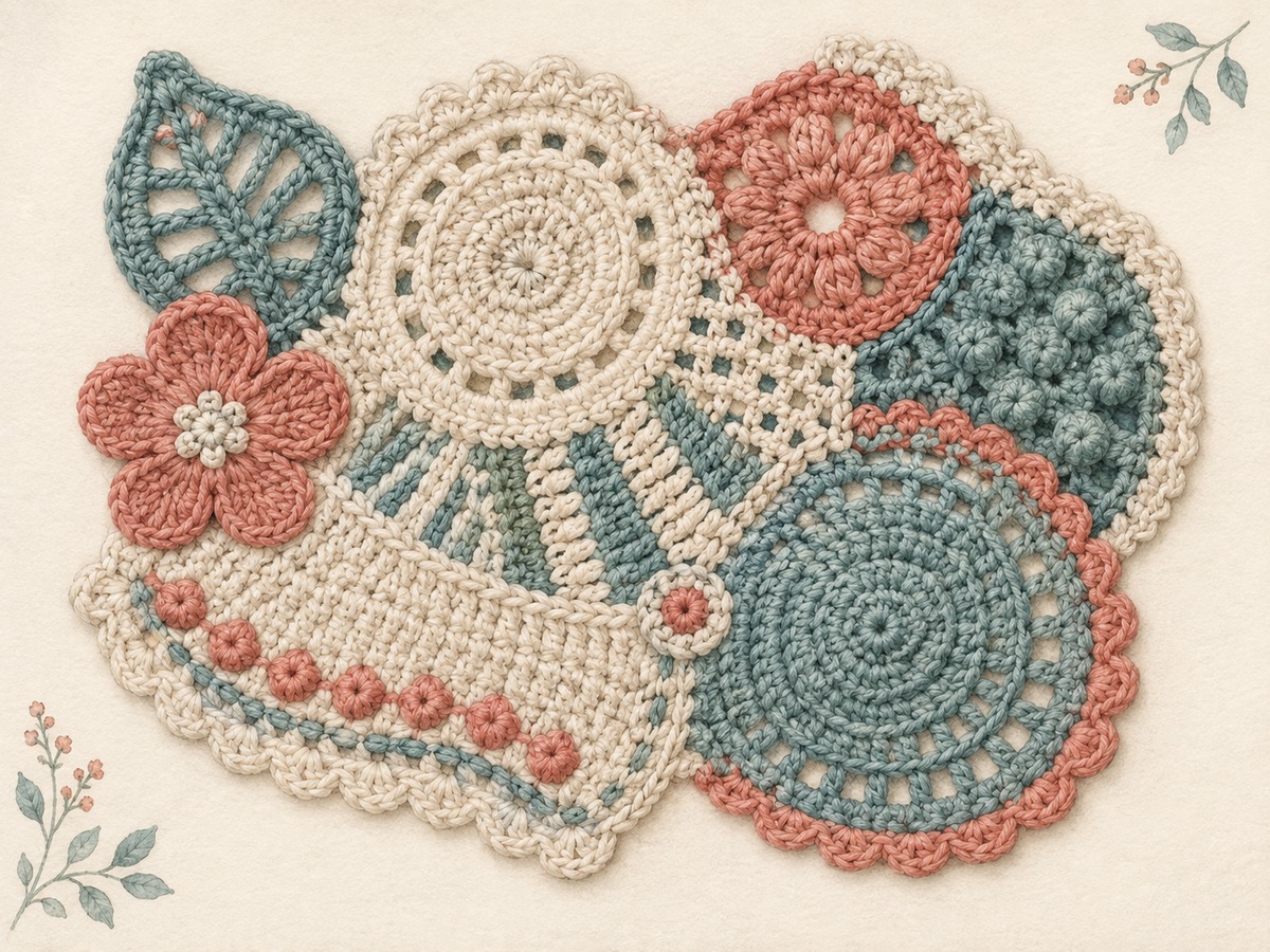 Illustration: Several irregular crocheted patches in restrained cream, teal and coral arranged into a balanced freeform textile composition.