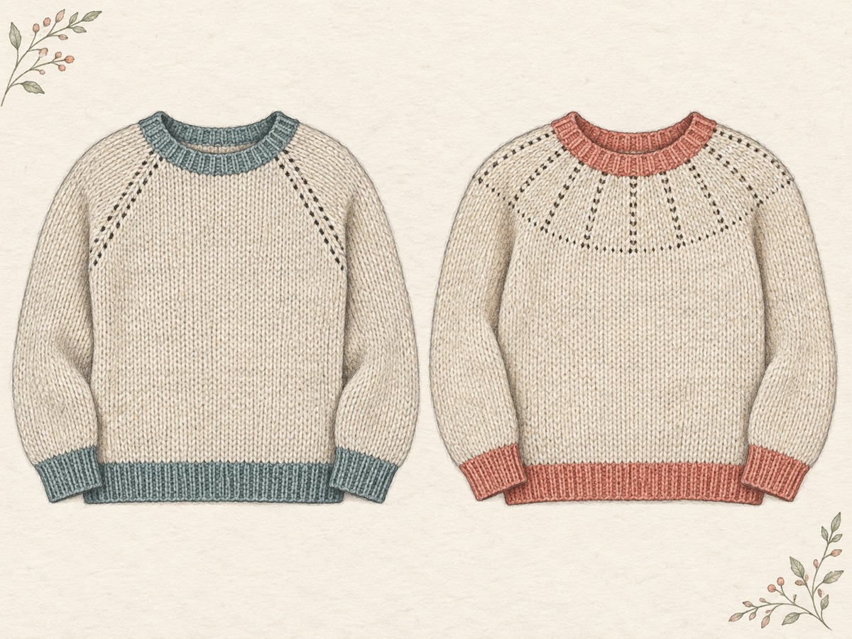 Illustration: Close comparison of a raglan yoke with diagonal shaping lines and a circular yoke with evenly distributed shaping around the neckline.