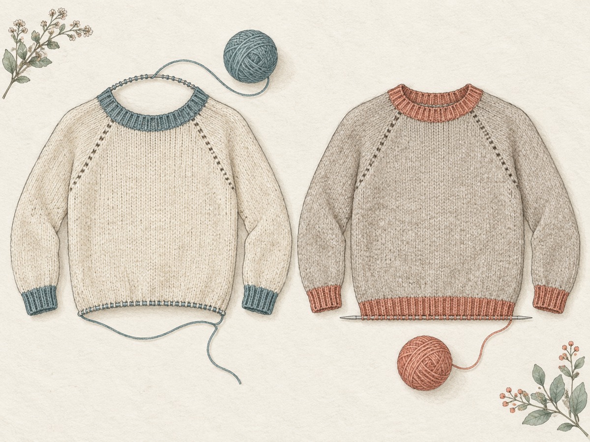 Illustration: Two simple sweater constructions laid flat, one developing from a circular neckline downward and one from a hem upward, with raglan lines visible.