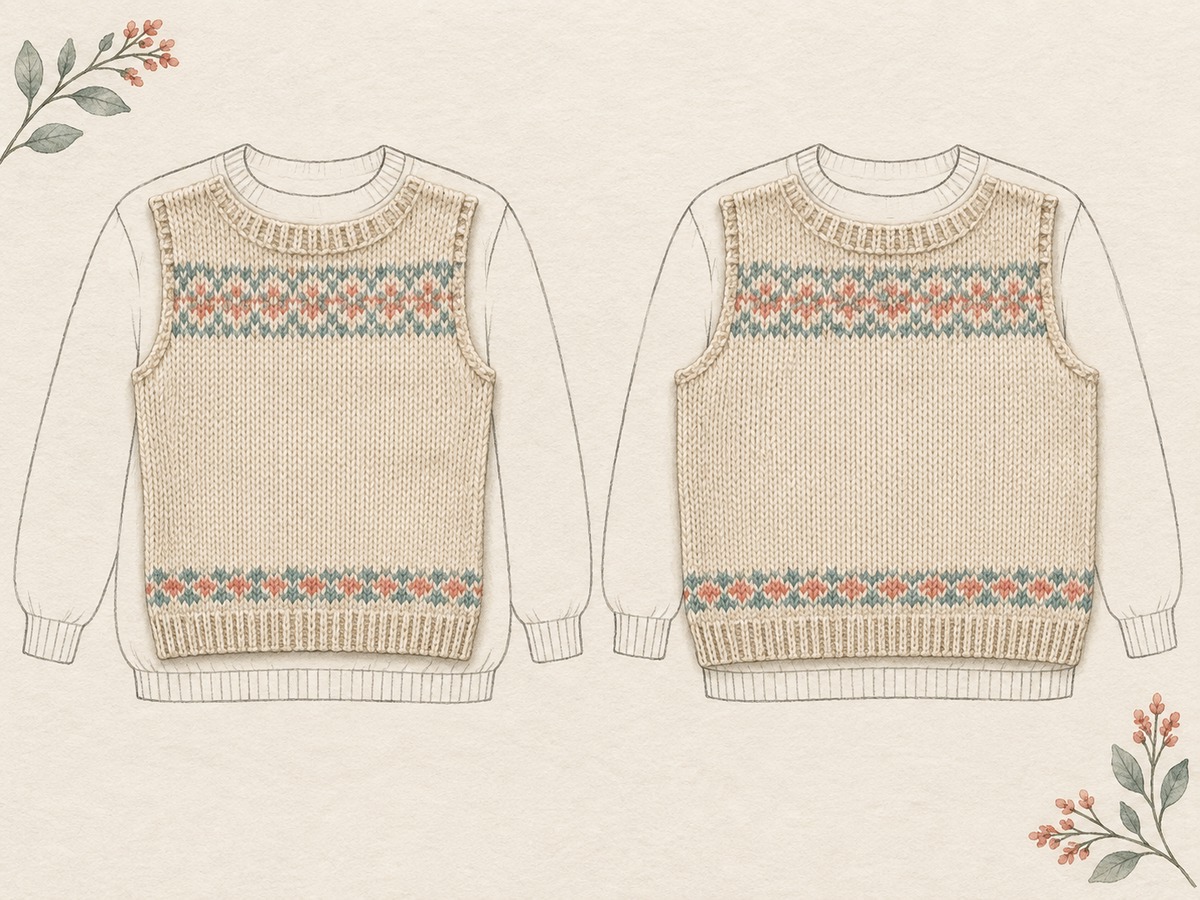 Illustration: Two otherwise similar sweater bodies of different widths laid over the same understated garment outline, showing extra room without people or size labels.