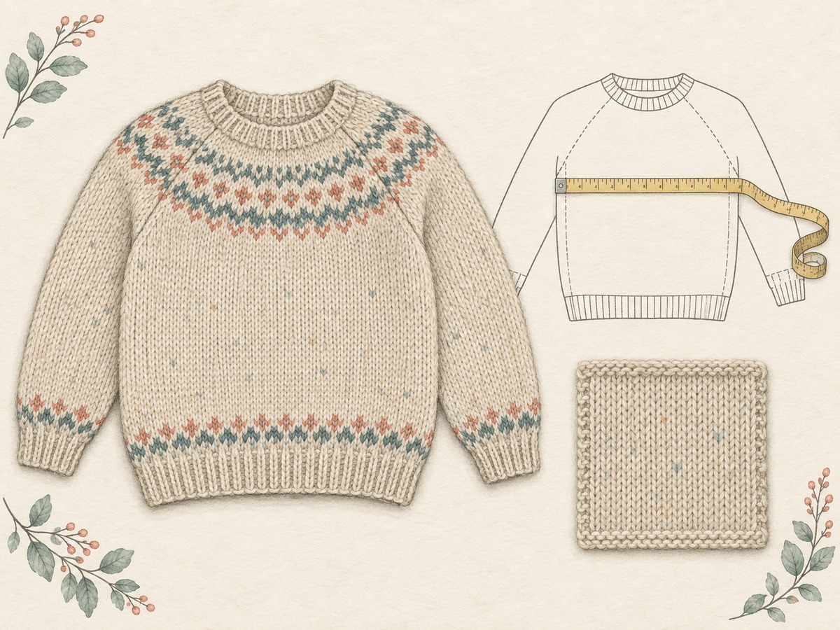 Illustration: A simple knitted sweater laid flat beside a plain garment outline and a measuring tape across its chest, with a separate finished swatch.