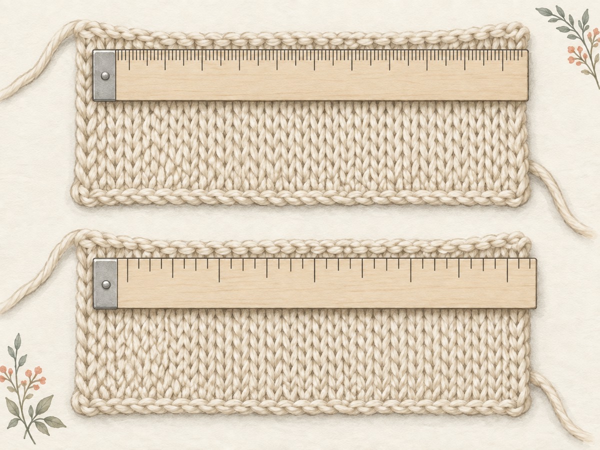 Illustration: Close view of the same sample under two differently spaced ruler scales, keeping the stitch pitch identical and the measurement windows slightly different.