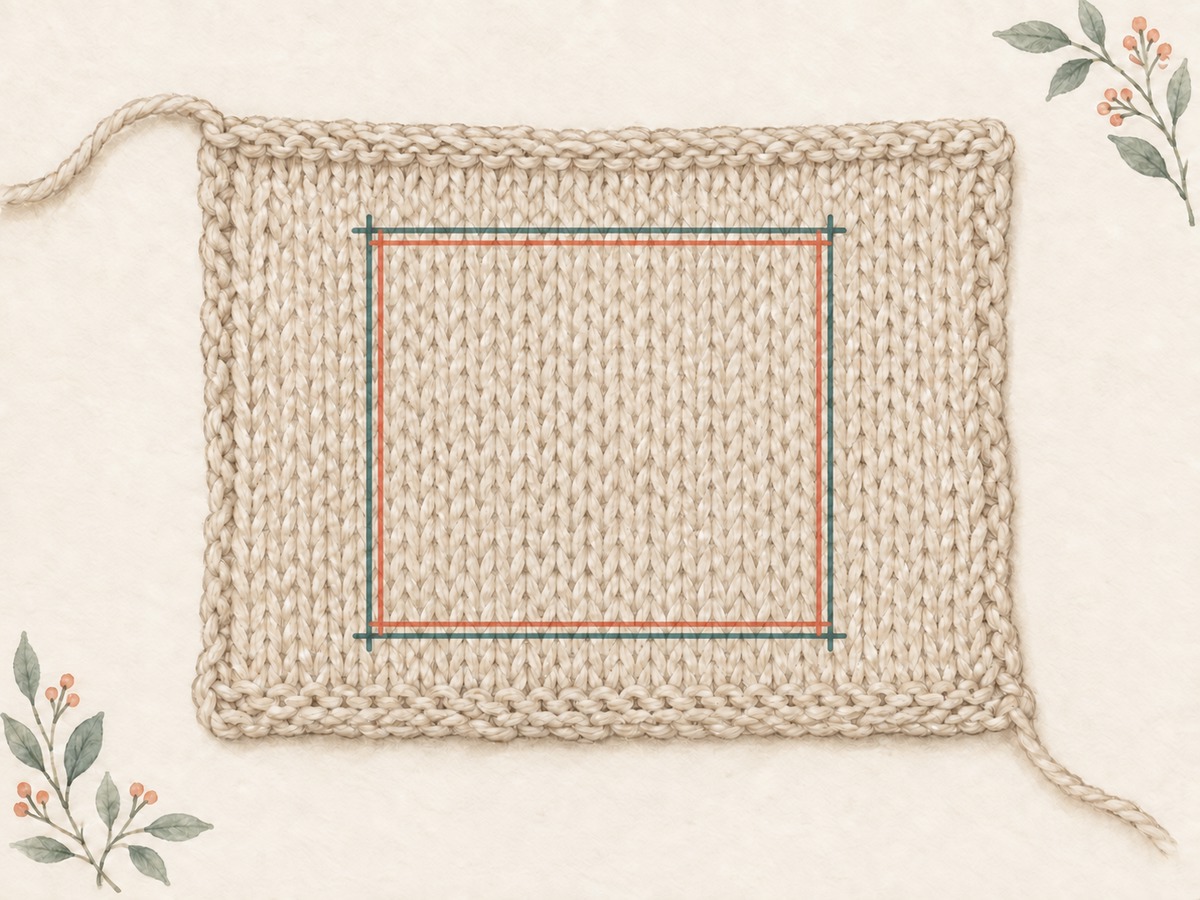 Illustration: One relaxed knitted sample with two subtly different measuring windows marked by thin guides, one just larger than the other.