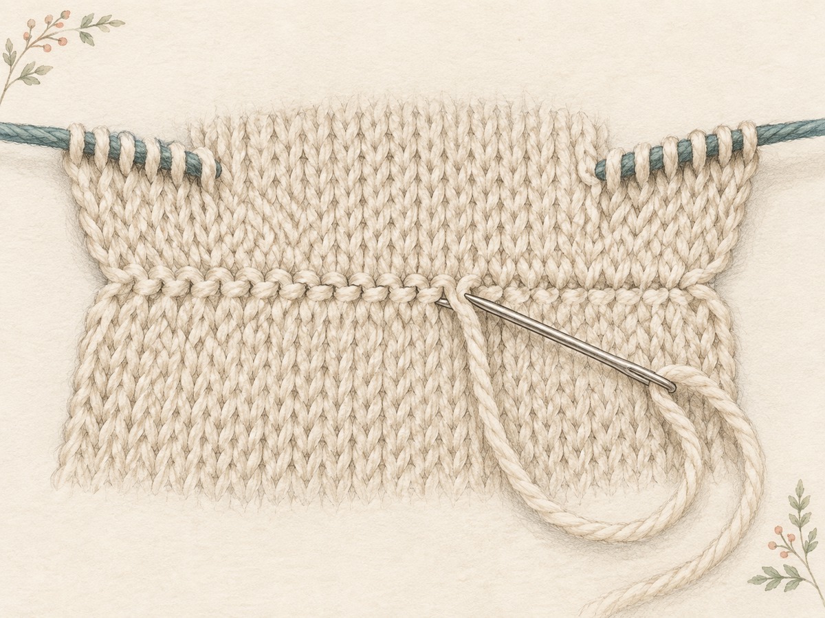 Illustration: Close view of a completed invisible graft across stockinette, with a blunt yarn needle and the remaining live loops held securely at either side.