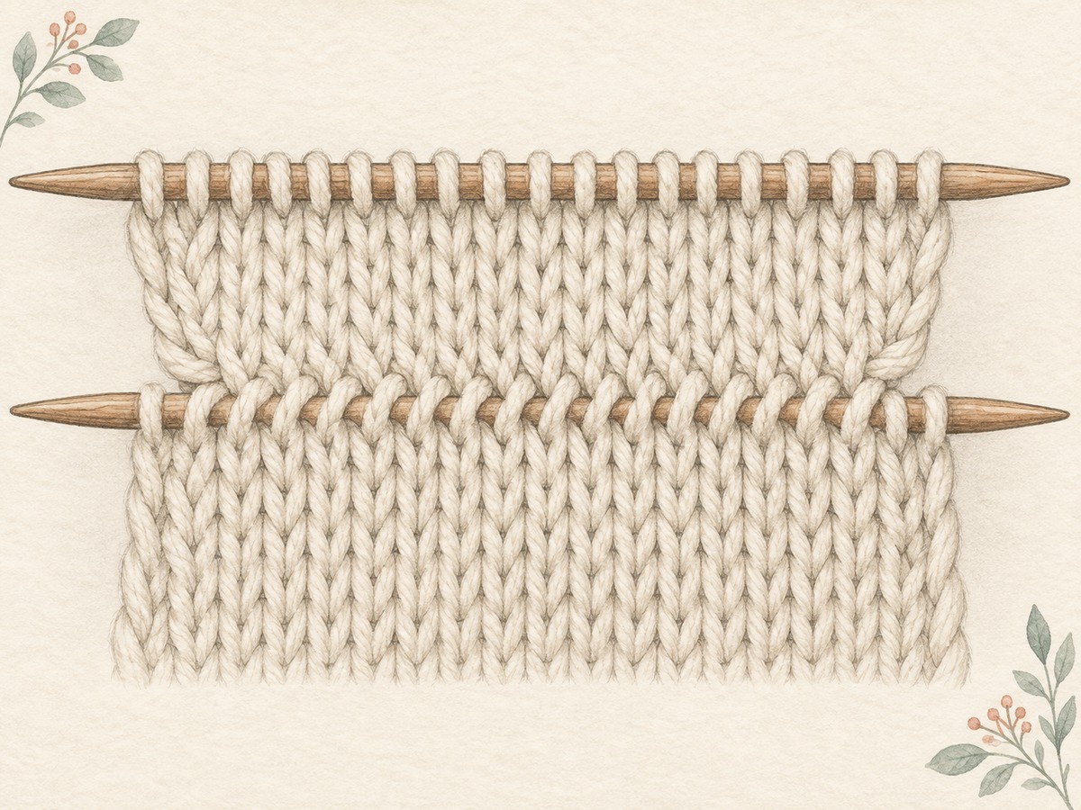 Illustration: Two rows of live knitted stitches facing each other on parallel needles, joined in the center by a smooth grafted section.
