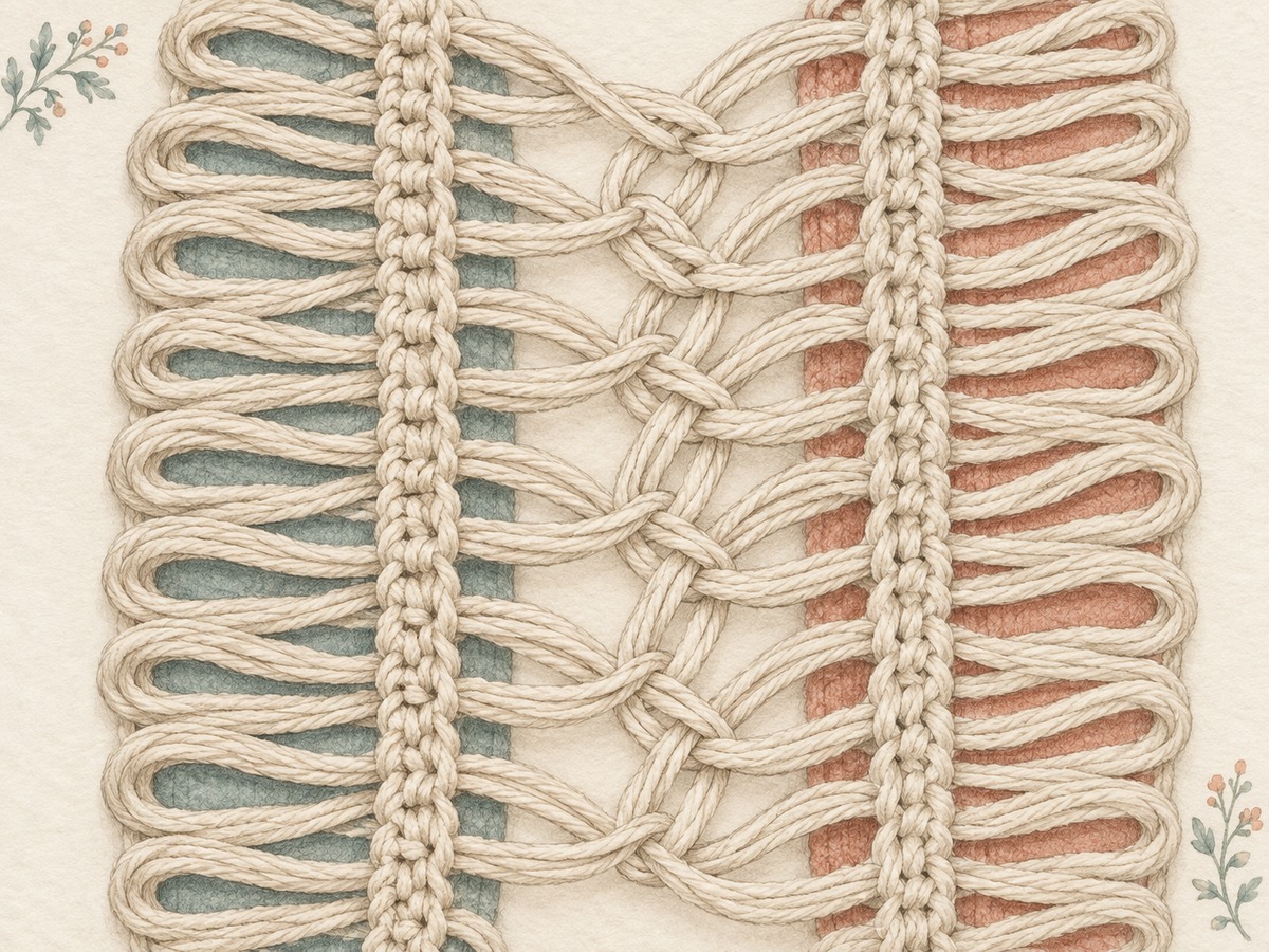 Illustration: Close view of long hairpin loops interlaced to join two strips, with a stable central crochet spine visible on each strip.