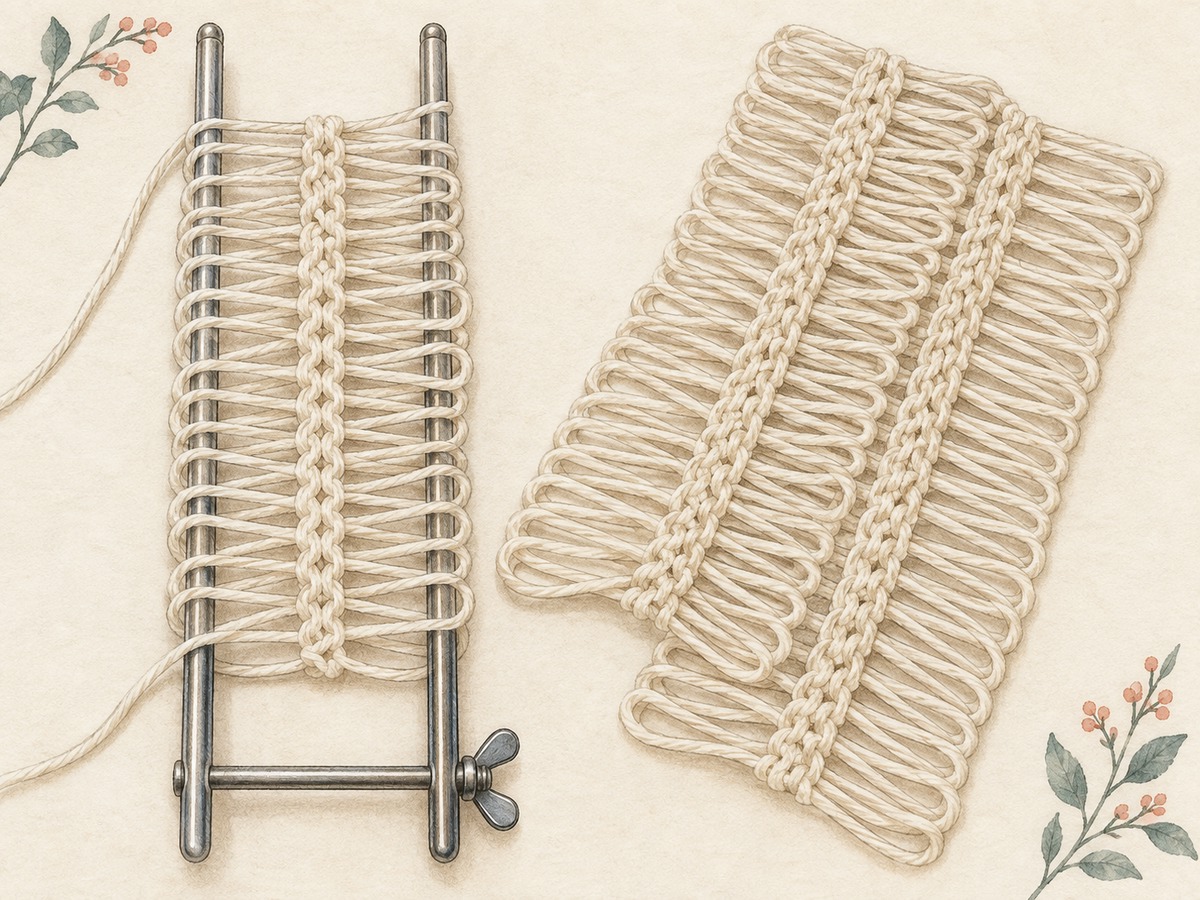 Illustration: A hairpin-lace fork holding a cream strip with long equal loops on both sides and a crocheted center spine, beside two joined strips.